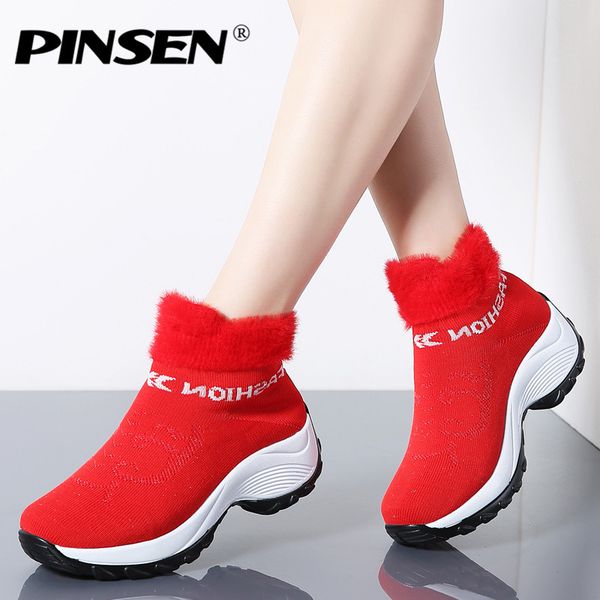 

pinsen 2019 winter women boots fashion platform wedges shoes woman slip-on snow boots women warm fur sock shoes big size, Black