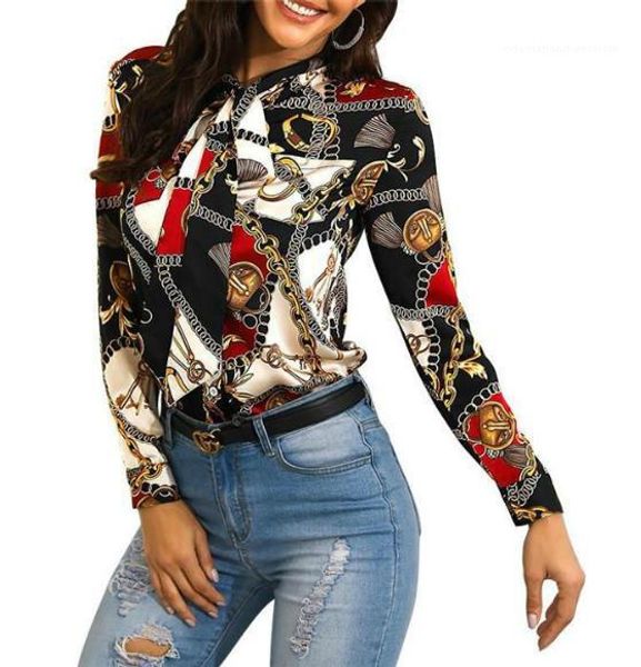 

print t-shirts fashion bow lapel neck shirt casual long sleeve shirt female clothing womens designer floral, White