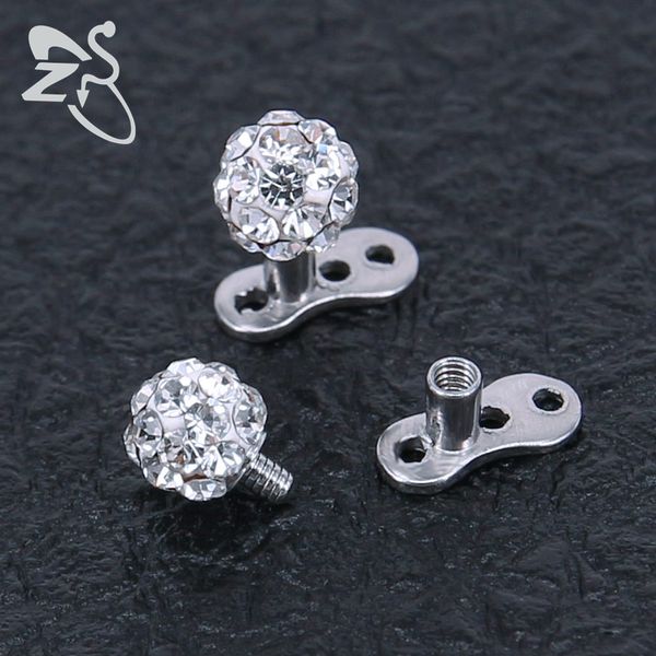 

2pcs 14g steel white crystal ferido ball dermal anchor internally threaded micro dermals piercing for women, Slivery;golden