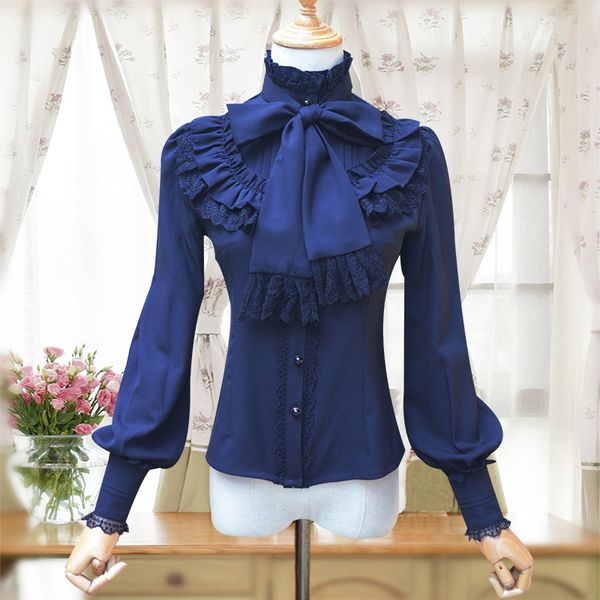 Camicia Lolita da donna vintage Wholeslae Camicetta con volant in chiffon gotico Blusas a maniche lunghe Nero/Bianco/Blu navy/Bordeaux