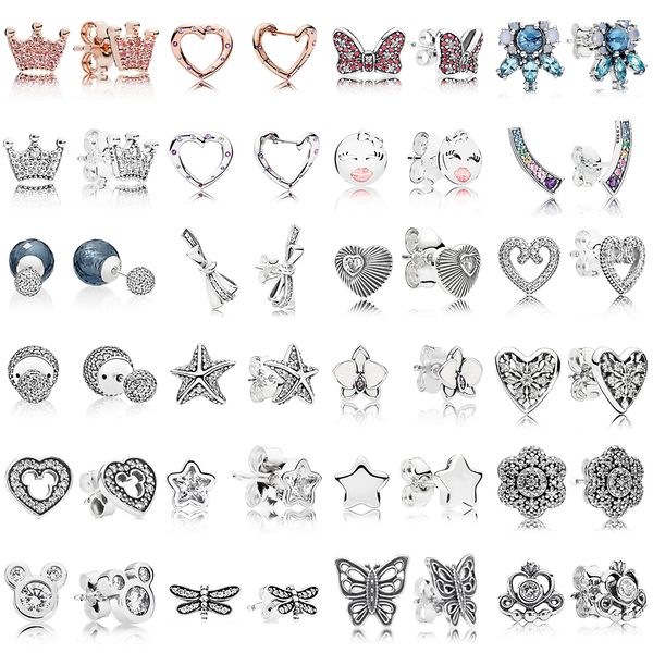 

2019 new 100% 925 sterling silver pandora earrings lovely butterfly crown stars love heart ear studs charm bead fit original diy dangler, Golden;silver