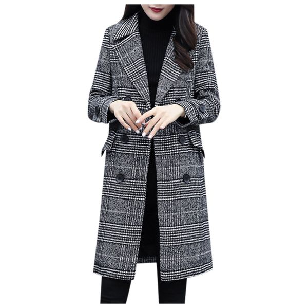 

womens plaid printed street lapel winter long coat with button ladies overcoat outwear coats elegant pocket woman clothes, Black