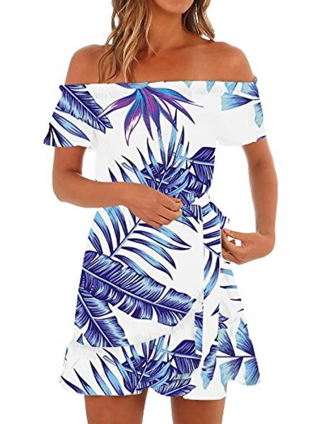 

klousilover womens off the shoulder dresses summer strapless beach floral mini dress, Black;gray