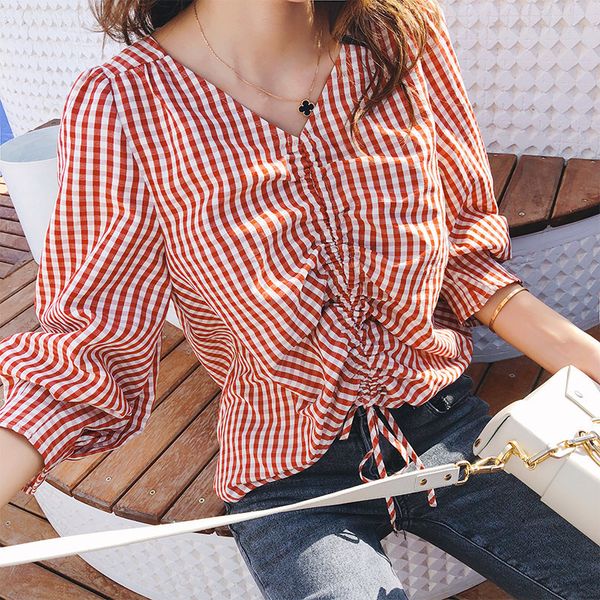 

women blouses for women shirts women spring autumn new loose female v neck plaid casual puff sleeve ladies mx18c4595, White