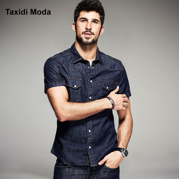 

2016 летняя мода mens denim рубашки обмыв водой с коротким рукавом синий карманный бренд одежды мужские slim fit джинсы одежда, White;black