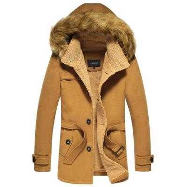 

new arrival fashion autumn winter long sleeves thick cashmere woolen sashes fur hooded collar jackets overcoat men coat h5838, Black
