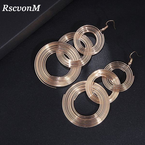 

rscvonm punk gold colour big geometric 3 circle metal long dangle earrings for women bohemian party exaggerated fashion jewelry, Silver
