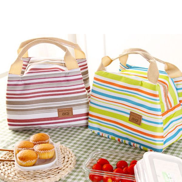 

stripe canvas thermal insulated lunch bags kids men women picnic lunchbox tote travel fruit storage portable bag, Blue;pink