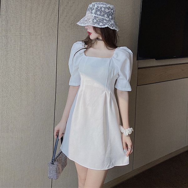 

party dresses sweet white puff short sleeve mini women solid square collar tunic dress female summer fashion clothes vestidos, White;black