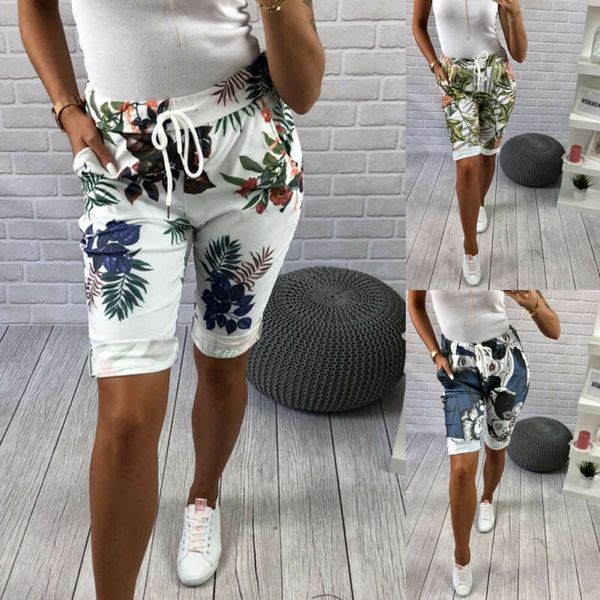 

sport shorts women fitness clothes summer plants print elastic waist workout running gym yoga shorts for modern ladies, White;red