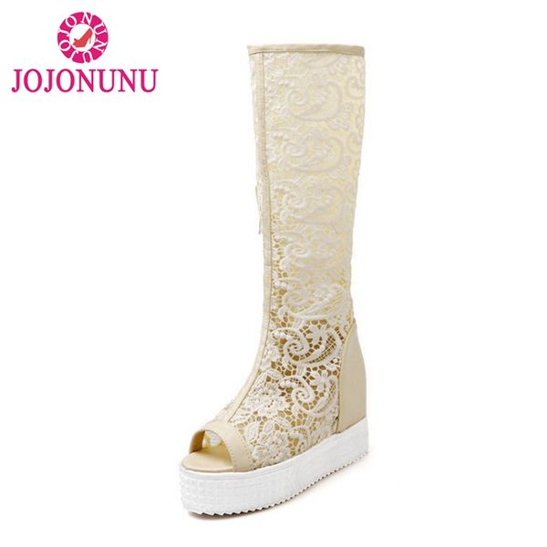 

jojonunu size 34-43 vintage women lace wedges summer boots knee high shoes flower patchwork platform shoe women footwear, Black
