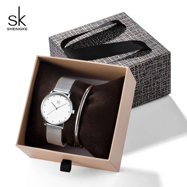 

shengke women luxury quartz watch with crystal star bangle gold bracelet watches set 2019 new sk birthday gift for women, Slivery;brown