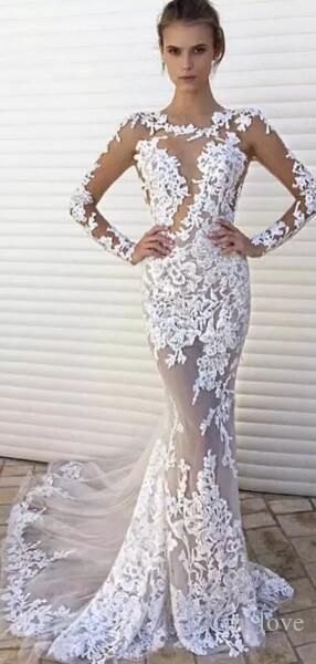 

2020 see trough mermaid wedding dresses jewel neck lace appliques illusion long sleeves sheer formal plus size bridal gowns, White