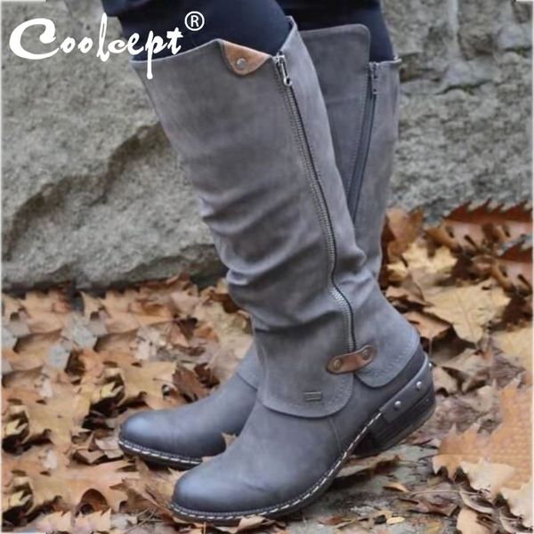 

coolcept women knee high boots winter fashion zipper square heel shoes women round toe european style long boots size 35-43, Black