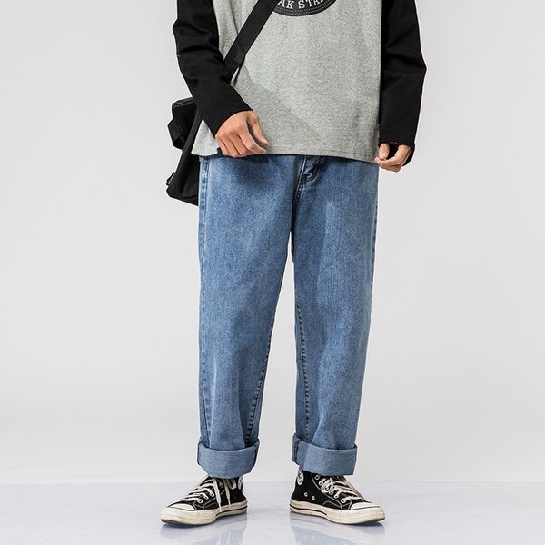 

men's jeans male japan korea streetwear hip hop denim pant men vintage fashion loose wide leg trousers, Blue