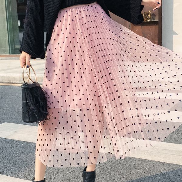 

b elegant women skirt high waist wave point print mesh sweet a line knee length mesh party pettiskirt faldas mujer moda 2020, Black;gray