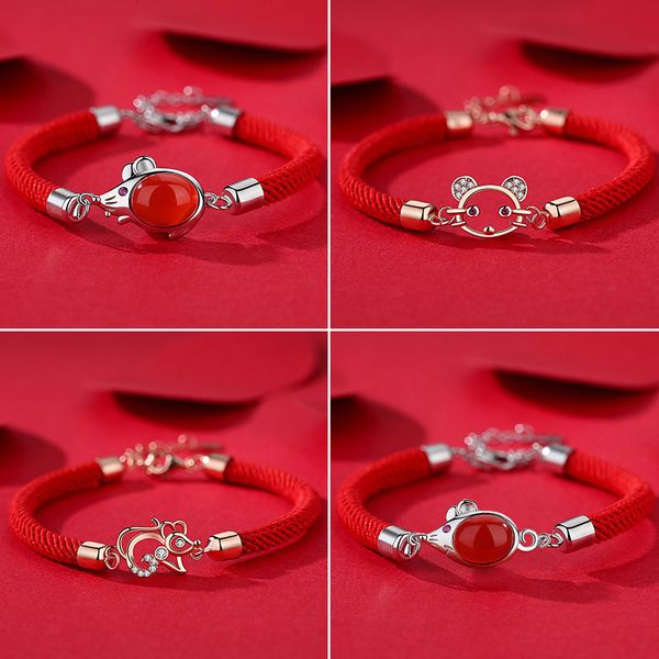 

charm bracelets 2021 925 sterling silver for women fashion jewelry cute cartoon mouse red rope bangle girl anniversary gift, Golden;silver