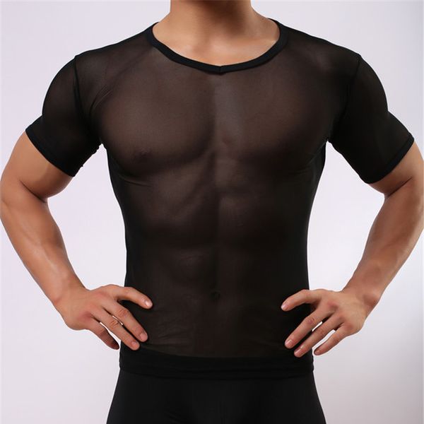 

howe ray underwear men undershirt transparent mesh t shirt short sleeve inner shirt bodysuit mens clothing clubwear, Black;brown