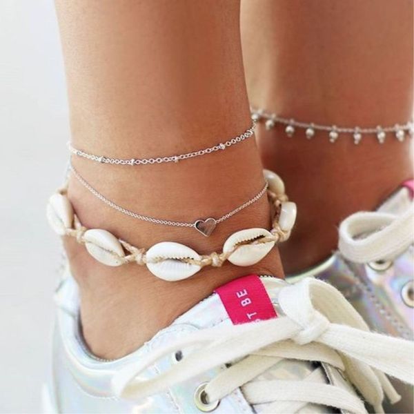 

3 pcs/set bohemia shell anklet bracelet set for women alloy heart bead chain foot chain beach accessories gift, Red;blue