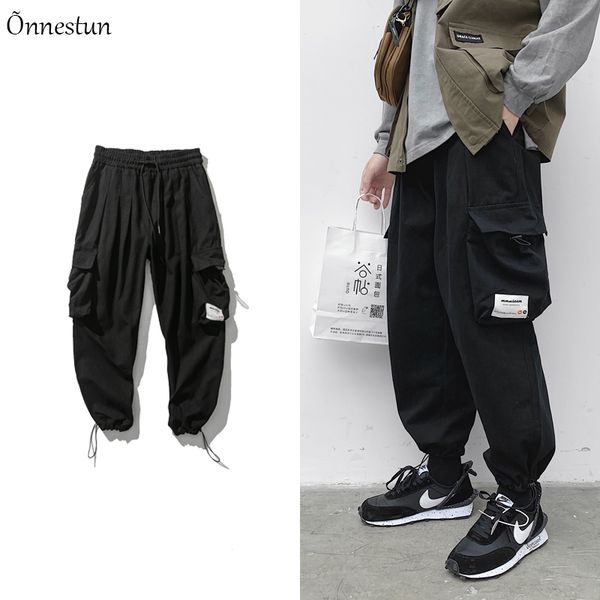 

men's pants onnestun streetwear autumn spring big pockets sport hip hop jogger trousers causal cargo men, Black