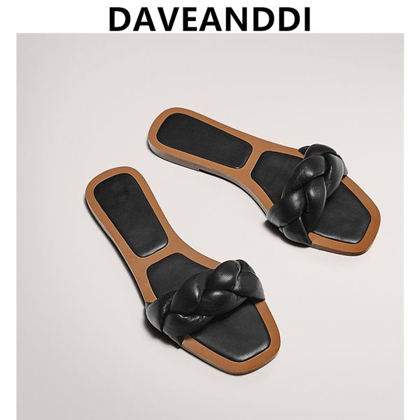 

slippers dave&di 2021 summer ins blogger vintage office lady comfort genuine leather soft beach women shoes woman, Black