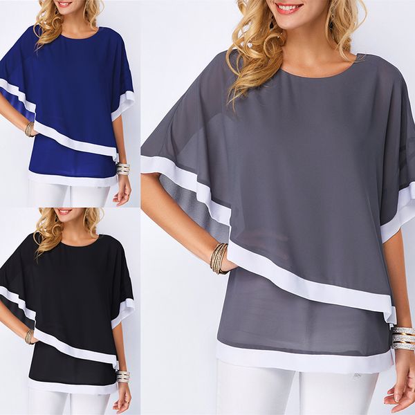 

fashion chiffon patchwork irregular blouse casual shirts bat o neck women summer blouses high shirt, White