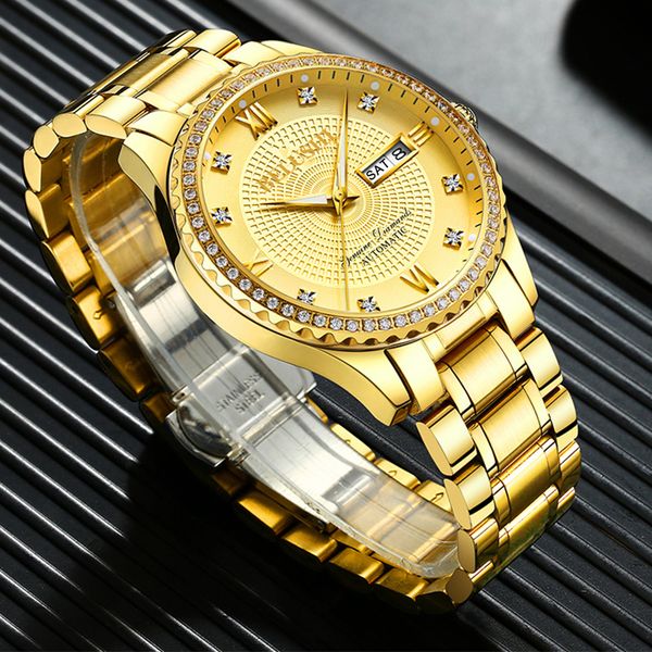 

belushi luxury gold diamond mens watches brand luminous dial full steel bracelet watchband male clock business wristwatch, Slivery;brown