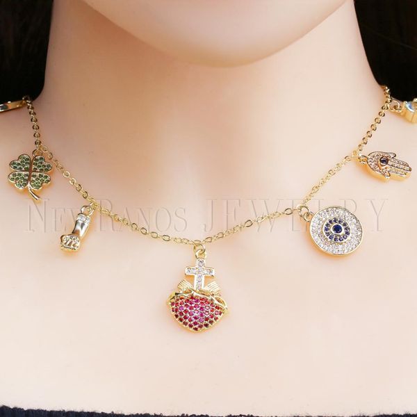 

newranos turkish evil eyes hamsa hand necklace multi color cz zircons cross pendant chain necklace fr fashion jewelry nwx0021604, Silver