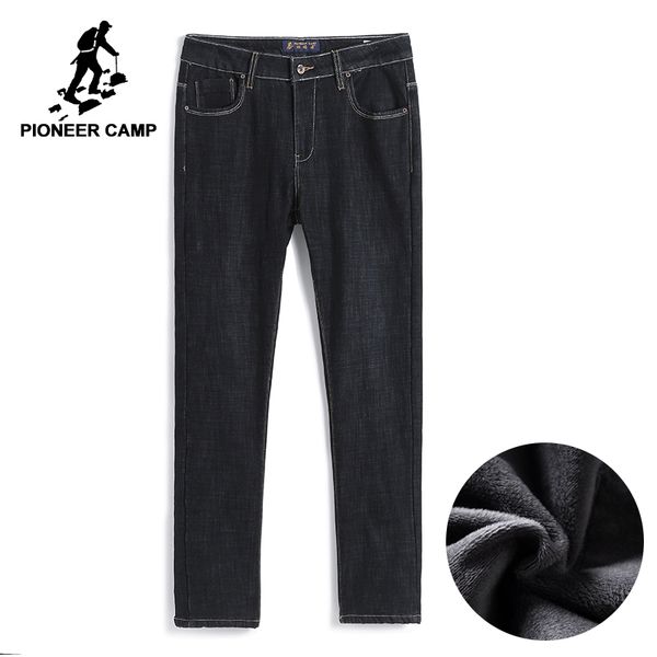 

pioneer camp new winter warm fleece jeans men brand-clothing black thick denim pants male trousers, Blue