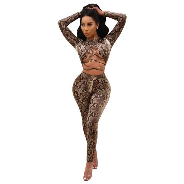 

women snakeskin grain print bodycon bandage jumpsuit cross hollow long sleeve rompers nightclub party overalls, Black;white