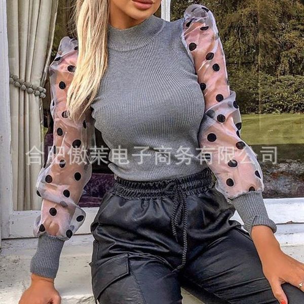 

deat 2019 autumn long mesh polka sleeve grey lace women sweater 19j-a172, White