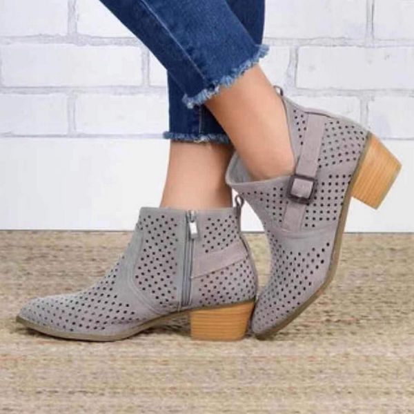 

women's fashion round toe low heel ankle boots ladies solid color leather hollow out buckle zipper boots 2019 new, Black