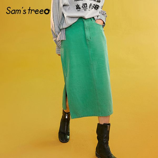 

sams tree women denim skirts summer 2019 vintage solid straight office lady long skirt pencil mid-calf femme high waist bottoms, Black