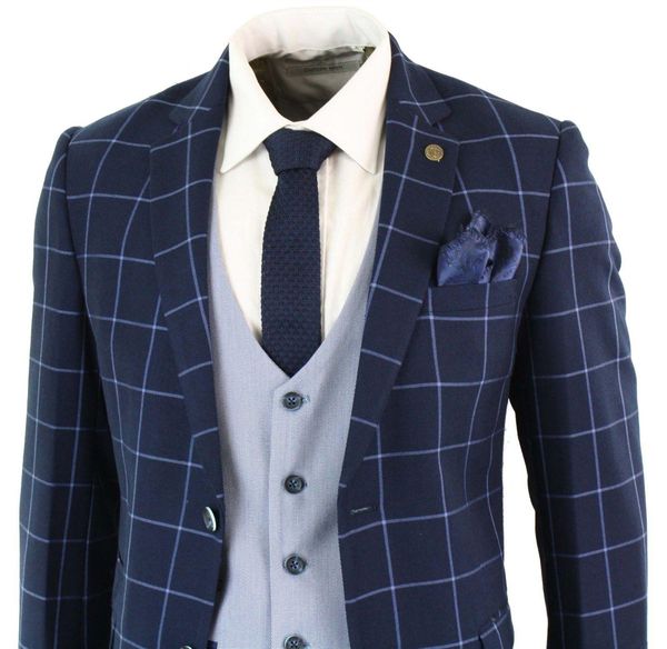 Nach Maß Marineblau Gitter Bräutigam Smoking Groomsmen Mens Wedding Dress Beliebte Man Jacket Blazer 3-teiliger Anzug (Jacke + Hose + Weste + Tie) 1017