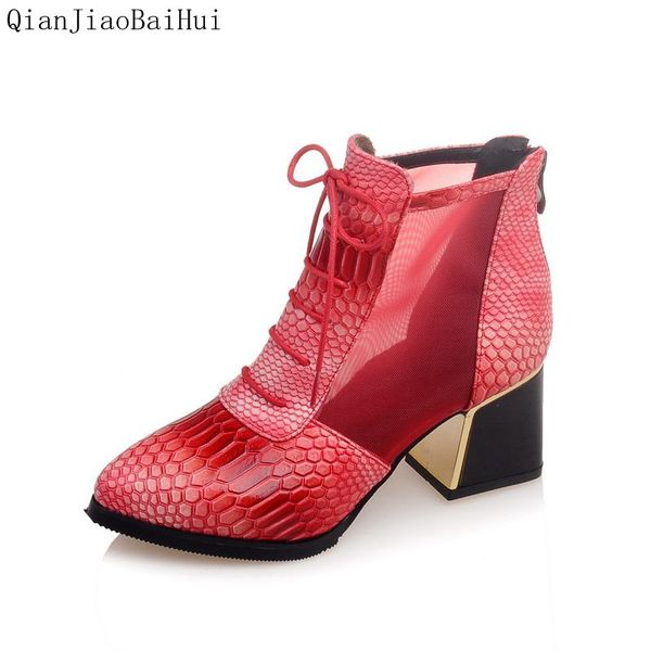 

qianjiaobaihui new summer boots 2019 lace-up square heel gauze ankle boots red snake skin for women fall shoes, Black