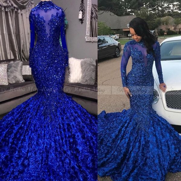

2020 vintage royal blue 3d floral mermaid prom dresses black girls high neck long sleeves african plus size evening formal dress court train
