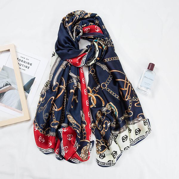 Acheter 2019 Nouvelle Soie Foulard Femmes étrier Chaîne Impression Foulard Femme De Mode Châles Wraps Serviette De Plage Doux Longs écharpes Foulard