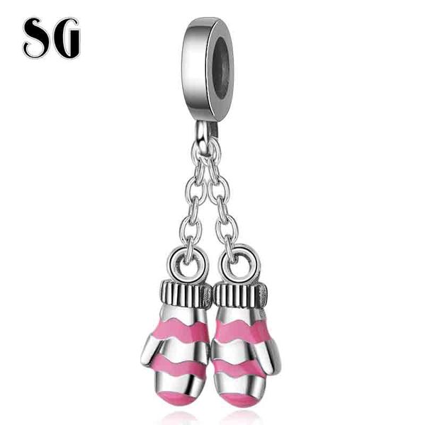 

sg fit european bracelet 100% 925 sterling silver cute a pair of gloves charm pink enamel pendant bead for women gift jewelr, Bronze;silver