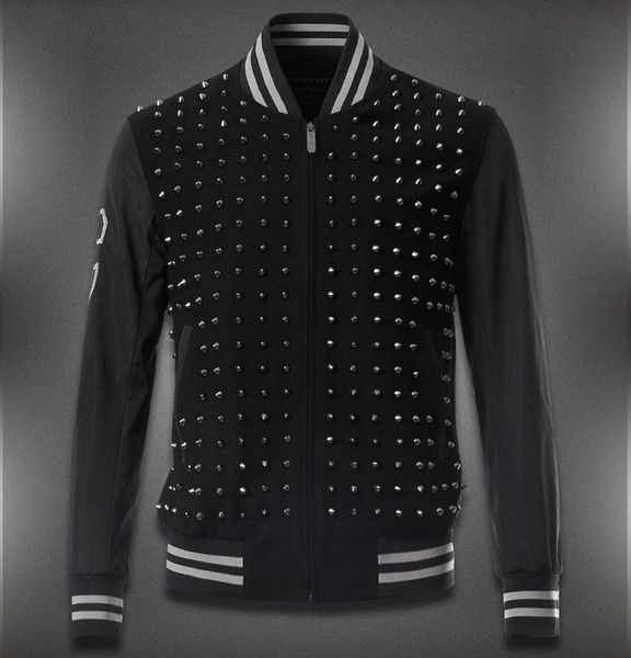 

studs woolen baseball black jacket with rivet patch for men embroidery letters trim fit man casual wear, Black;brown
