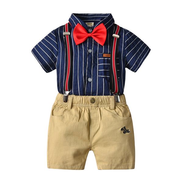 

years of the new shen shi kuan shirt set bow tie short-sleeve shirt strap khaki shorts four piece set, Blue