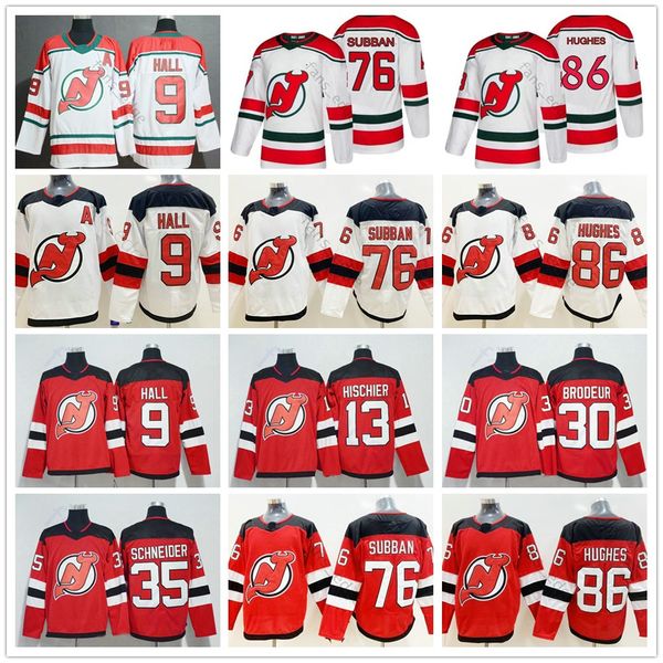 

2019 new jersey devils hockey 86 jack hughes 76 pk subban 9 taylor hall 13 nico hischier 30 martin brodeur 35 cory schneider man kids jersey, Black;red