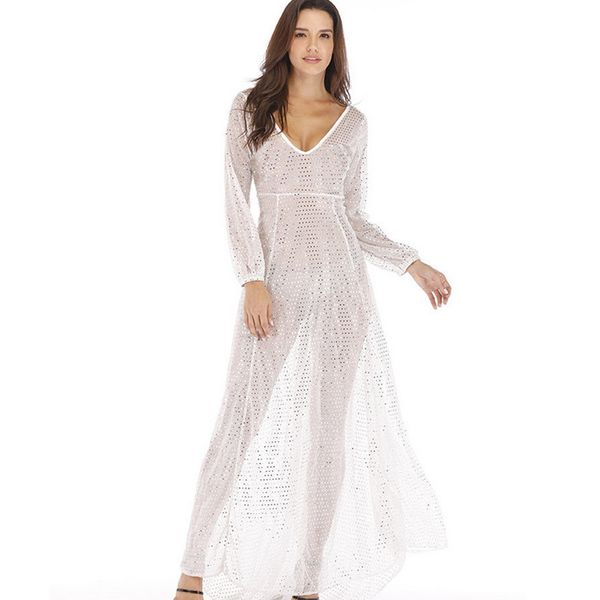 

women glitter sequins bikini cover up swimsuit summer 2020 new lady v neck long sleeve mesh sheer maxi dress beachwear