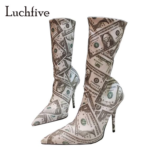 

2018 dollar stretch sock boots woman pointed toe strange high heel boots lady over the knee women fashion ankle, Black