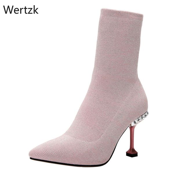 

2020 autumn winter sweet women mid-calf boots pointed toe high heels slip-on socks boots crystal party prom shoes woman a279, Black