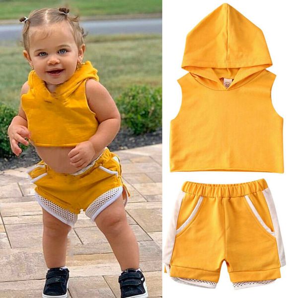 

1-6y kids baby girls summer clothes tracksuit toddler boy sleeveless hooded hoodie short pants casual cotton outfit set, White