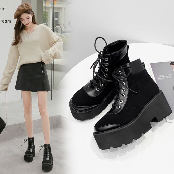

black boots women shoes autumn luxury designer booties ladies round toe boots-women lace up rock fashion ankle wedge 2019