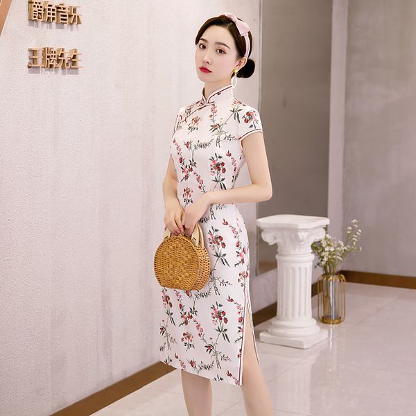 

satin high split qipao print flower lady cheongsam elegant mandarin collar slim chinese style evening party gown vestidos, Red