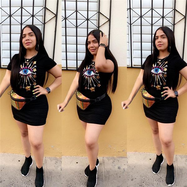 

women new fashion dress elegant personality starlight eye print casual dress solid color designer ladies dresses, Black;gray