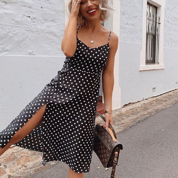 

robe femme lace up hem split halter dot print summer dress women 2019 mid beach bohemian dresses casual dress vestidos, Black;gray