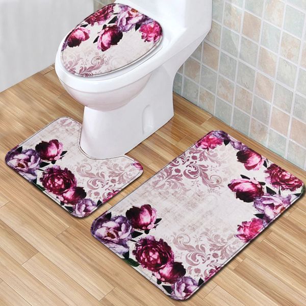

3pcs/set simple fuchsia print toilet floor mat bathroom non-slip absorbent carpet set
